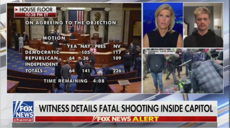 ‘She wasn’t being violent’: Laura Ingraham interviews witness to fatal shooting of Air Force veteran at US Capitol