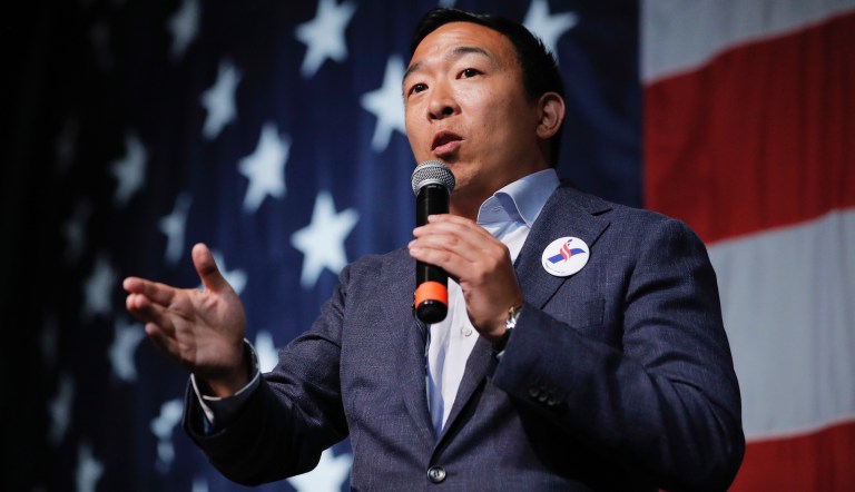 Democratic presidential candidate Andrew Yang speaks at the Iowa Democratic Wing Ding at the Surf Ballroom, Friday, Aug. 9, 2019, in Clear Lake, Iowa.