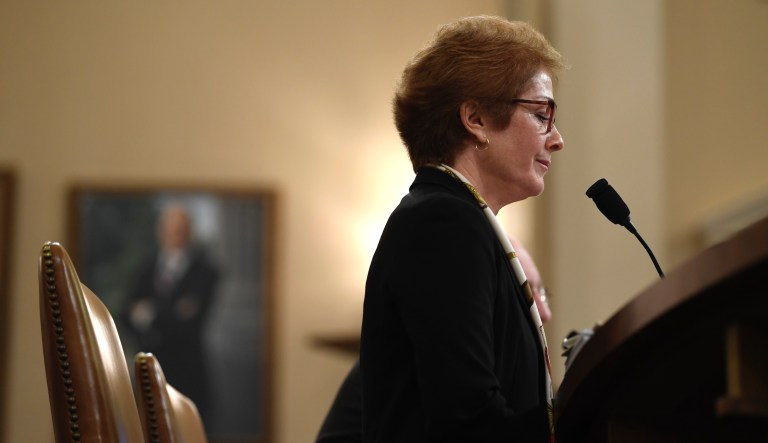 Former U.S. ambassador to Ukraine Marie Yovanovitch, center, leaves Capitol Hill, Friday, Oct. 11, 2019, in Washington, after testifying before congressional lawmakers on Friday. Yovanovitch told House impeachment investigators that Trump himself had pressured the State Department to oust her from her post and get her out of the country.