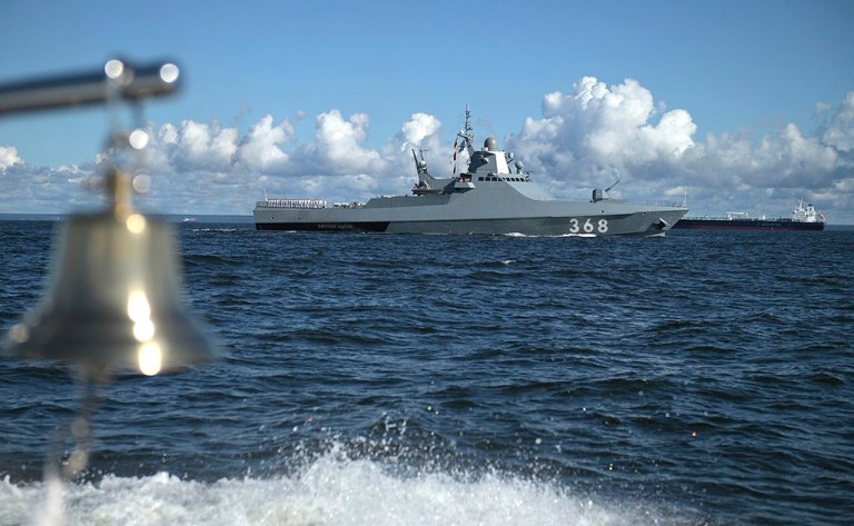 The Russian Navy's Vasily Bykov patrol ship takes part in a military parade to mark the annual Russian Navy Day on the Neva River and the Port of Kronstadt on July 26, 2020, in St. Petersburg, Russia.