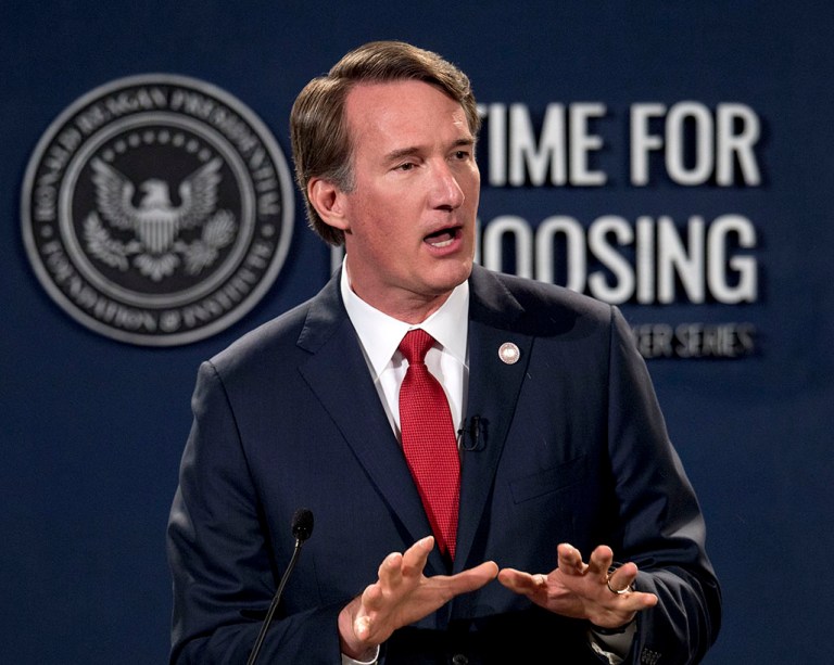 Virginia Gov. Glenn Youngkin speaks at the Ronald Reagan Presidential Library in its ''A Time for Choosing'' series of speeches.