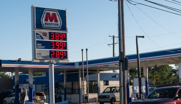 A Marathon gas station in Detroit advertises gas prices on Aug. 11, 2022.