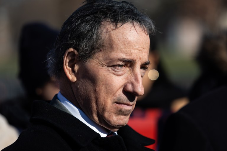 Rep. Jamie Raskin (D-MD), flanked by some of his Democratic colleagues and several advocacy groups, gathered outside the Capitol on Friday, Jan. 5, 2024, in Washington, D.C., to warn against claims by former President Donald Trump that the 2020 election was fraudulent and urge voters not to 