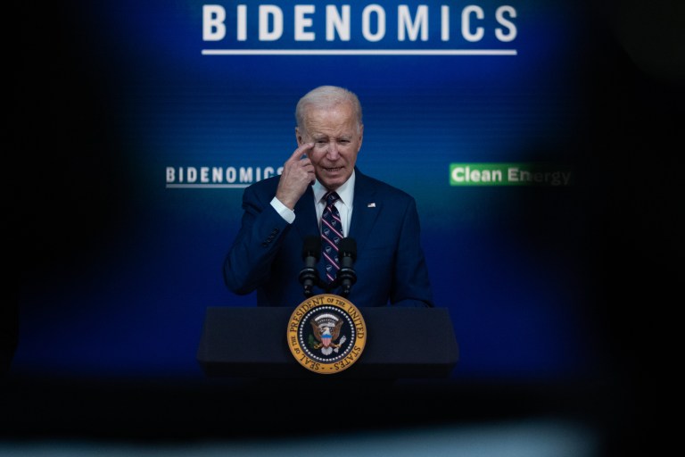 President Joe Biden speaks during an event at the Auditorium in the Eisenhower Executive Office Building at the White House on Monday, Oct. 23, 2023. The Biden administration has designated 31 technology hubs spread across the country to spur job growth.
