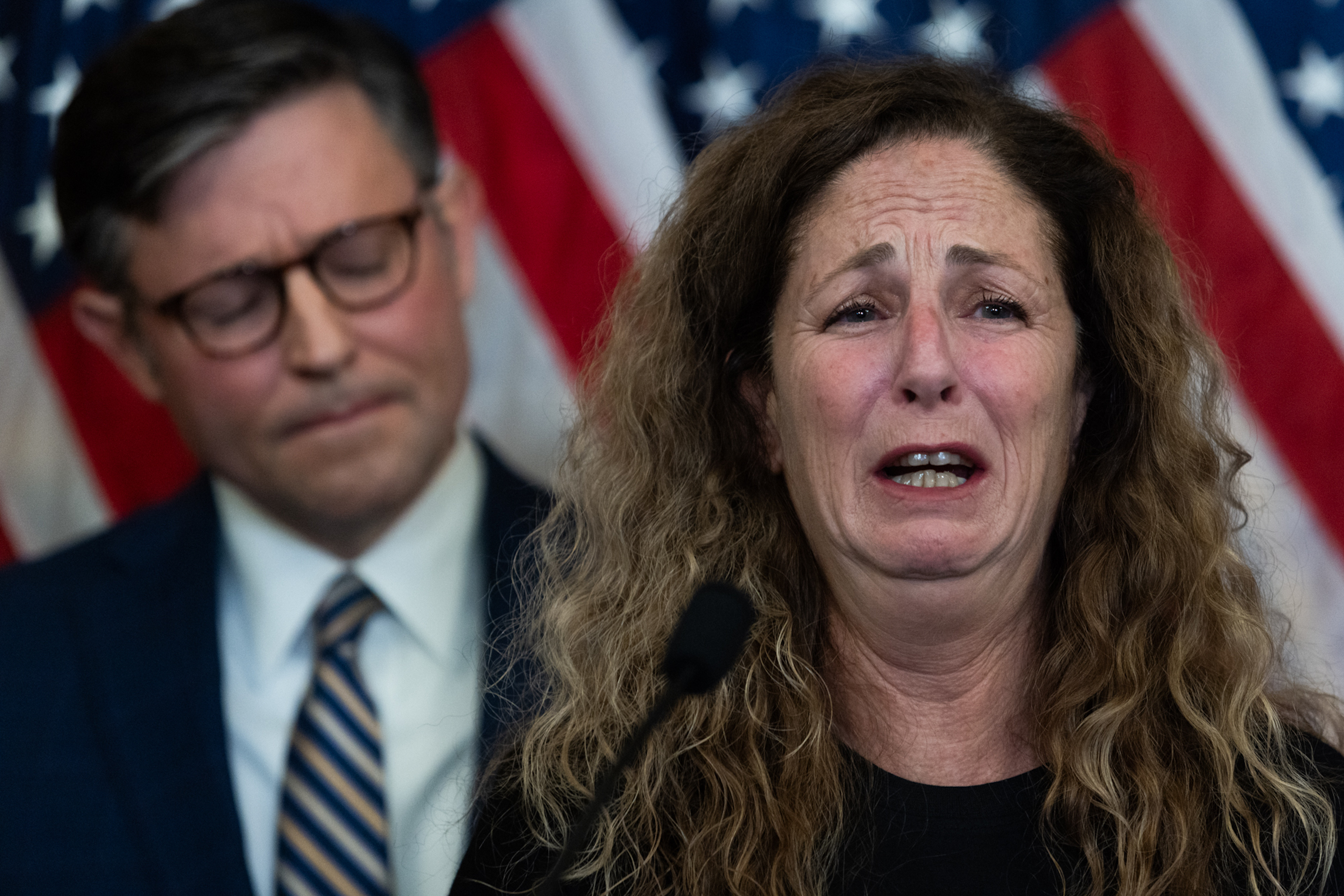 Doris Liber cries while speaking about her son Guy Illouz, who was taken hostage by Hamas during the October 7th attack on Israel, while attending a news conference with Speaker of the House Mike Johnson and other House Republicans on Tuesday, November 7, 2023. Doris, and other family members of the hostages joined House Republicans to plead for their release. 