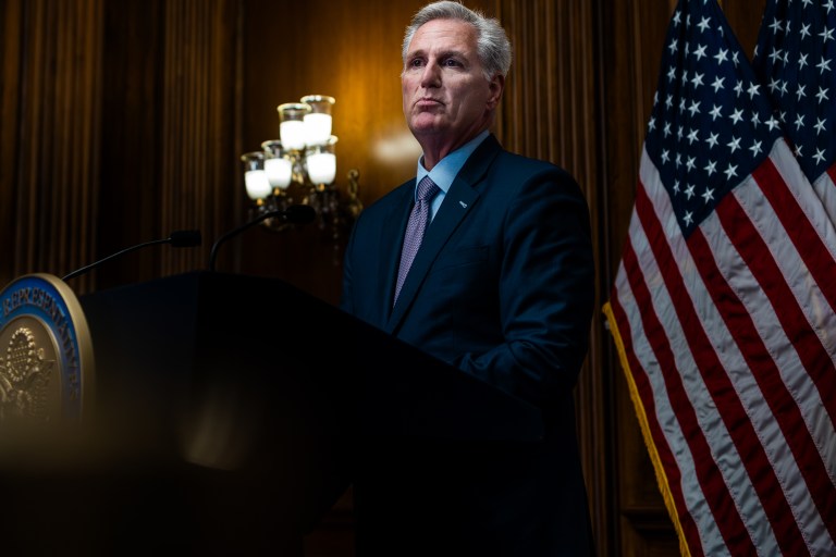 Former House Speaker Kevin McCarthy (R-CA) seen here speaking at a news conference in October on Capitol Hill. McCarthy announced this week that he will be leaving Congress at the end of the year just two months after a handful of rogue conservatives engineered his removal from the speakership. McCarthy is the only speaker in history to be voted out the job.