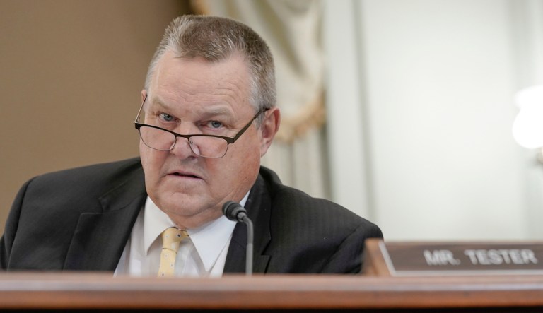 Sen. Jon Tester (D-MT) asks questions during a Senate Commerce, Science, and Transportation Committee hearing, Wednesday, Oct. 4, 2023, on Capitol Hill in Washington. (AP Photo/Mariam Zuhaib)