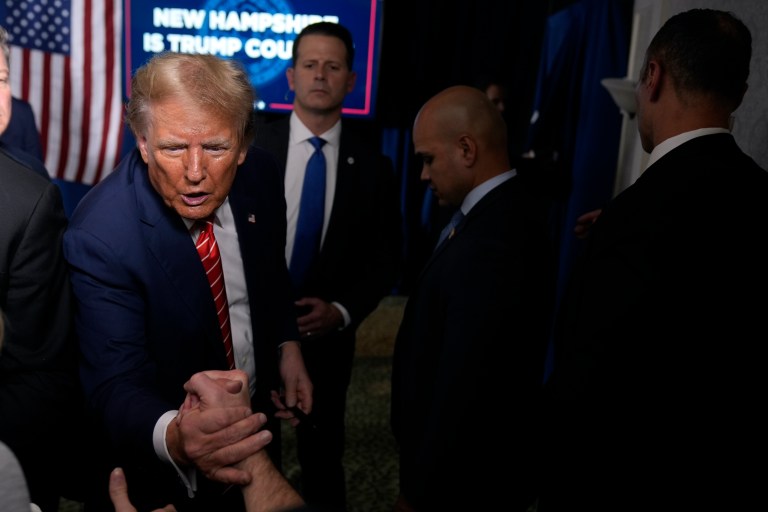 Republican presidential candidate former President Donald Trump greets supporters at a campaign event in Laconia, N.H., Monday, Jan. 22, 2024. (AP Photo/Matt Rourke)