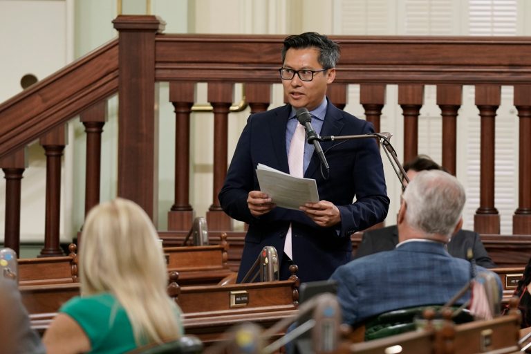 Assemblyman Vince urges lawmakers to reject the state budget bill before the Assembly at the Capitol in Sacramento, Calif., Monday, June 13, 2022. (AP Photo/Rich Pedroncelli,)