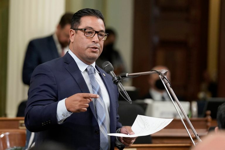 Assemblyman Carlos Villapudua talks during the Assembly session in Sacramento, California, on June 30, 2022. Villapudua's bill to impose harsher penalties for dealers for possession of more than one kilogram of fentanyl was among 16 fentanyl-related bills passed in the Assembly and Senate this past week ahead of a critical deadline on Friday, June 2, 2023.