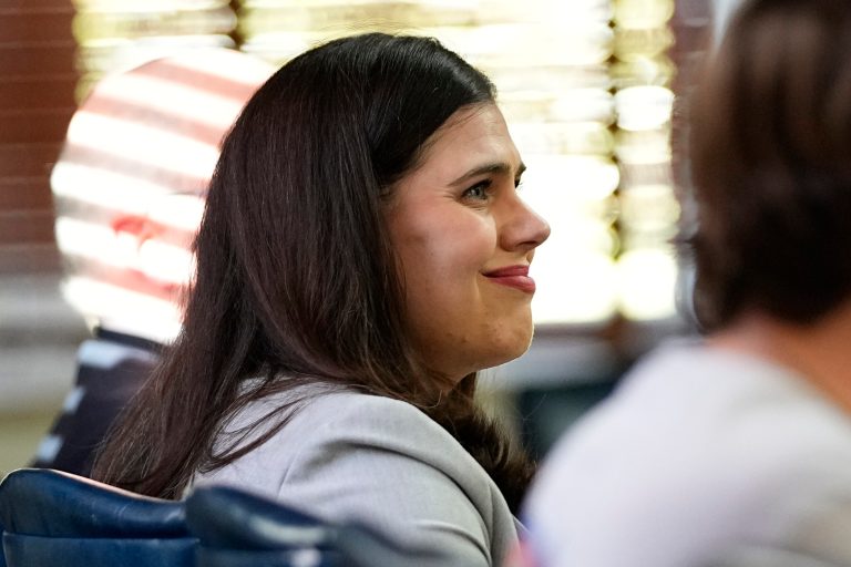 Jena Griswold looks on during closing arguments in a hearing for a lawsuit to keep former President Donald Trump off the state ballot in court, Wednesday, Nov. 15, 2023, in Denver.