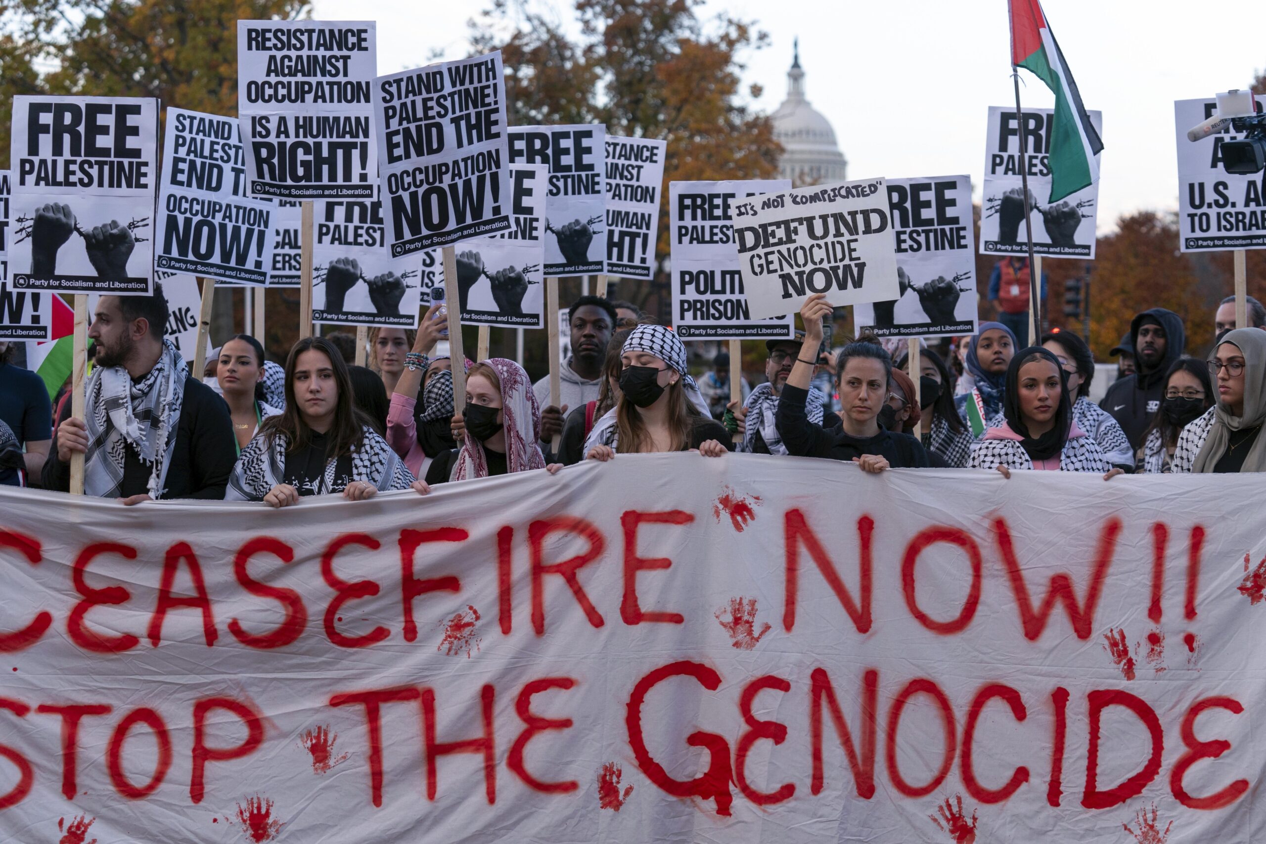 Protesters rally during a pro-Palestinian demonstration asking for a ceasefire in Gaza at Union Station in Washington on Nov. 17, 2023. 