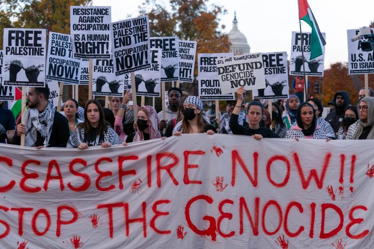 Protesters rally during a pro-Palestinian demonstration asking for a ceasefire in Gaza at Union Station in Washington on Nov. 17, 2023. 