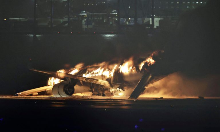 A Japan Airlines plane is on fire on the runway of Haneda Airport on Tuesday, Jan. 2, 2024, in Tokyo, Japan.