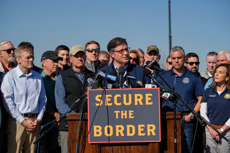 Speaker Mike Johnson (R-LA) speaks while standing with Republican members of Congress, Wednesday, Jan. 3, 2024, in Eagle Pass, Texas.