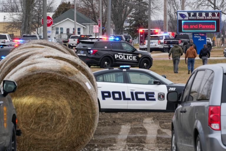 Police respond to Perry High School in Perry, Iowa, on Thursday, Jan. 4, 2024. 