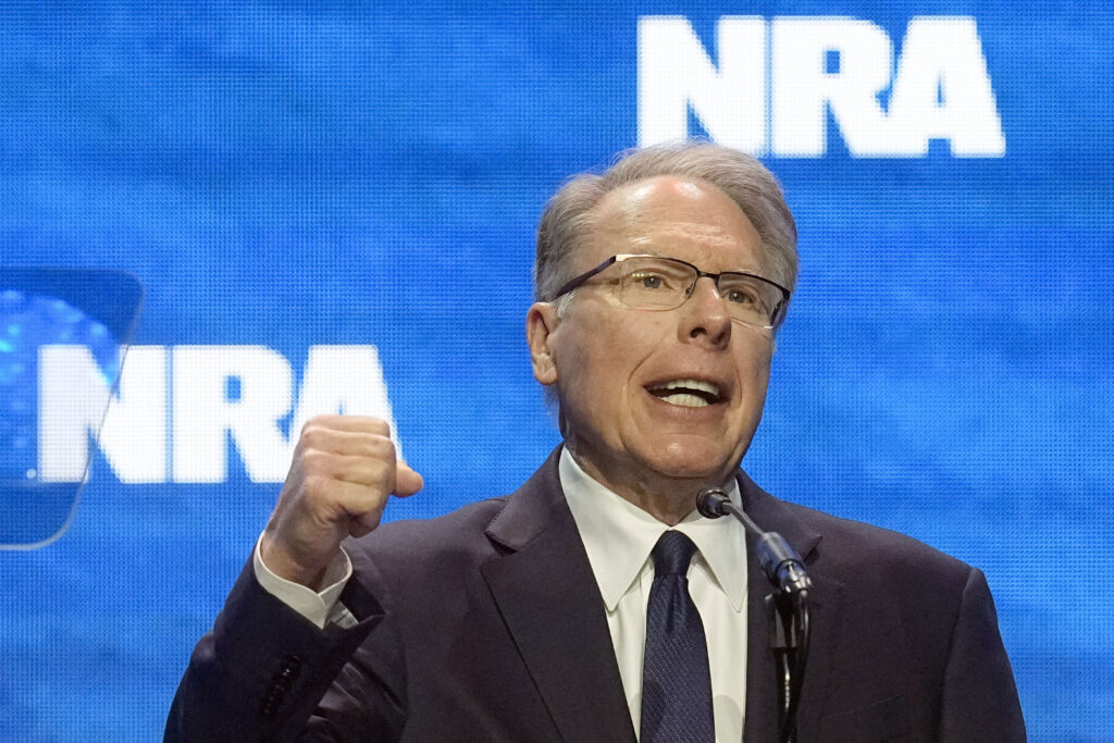 FILE - Wayne LaPierre, CEO and executive vice-president of the National Rifle Association, addresses the National Rifle Association Convention, April 14, 2023, in Indianapolis. The National Rifle Association of America (NRA) announced Friday, Jan 5, 2023, that LaPierre announced he is stepping down from his position as chief executive of the organization, effective Jan. 31 (AP Photo/Darron Cummings, File)