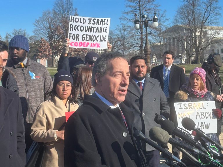 Anti-Israel protesters interrupt Jan. 6 press conference.