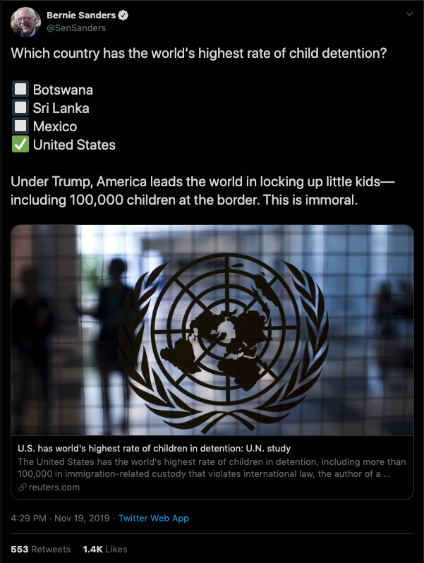 'This is immoral': Bernie Sanders tweets retracted Reuters story claiming US has 100,000 detained children