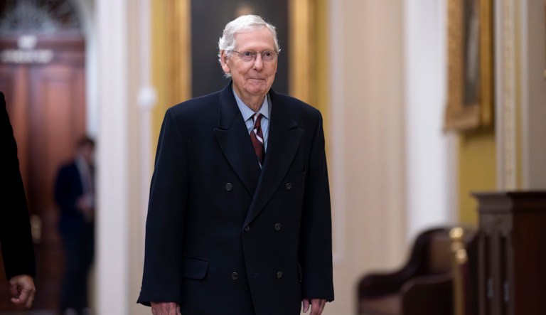 Senate Minority Leader Mitch McConnell (R-KY) arrives at the Capitol in Washington, Monday, Feb. 12, 2024. (AP Photo/J. Scott Applewhite)