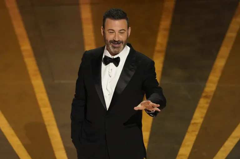 Host Jimmy Kimmel speaks at the Oscars, March 12, 2023, at the Dolby Theatre in Los Angeles.