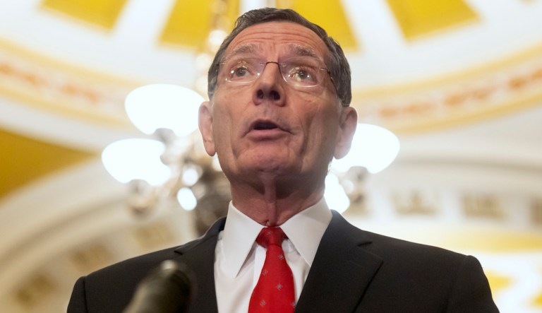Sen. John Barrasso (R-WY) speaks after a policy luncheon on Capitol Hill, Tuesday, Feb. 27, 2024, in Washington. (AP Photo/Mark Schiefelbein)