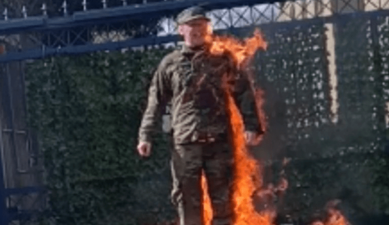 Airman Aaron Bushnell set himself on fire outside the Israeli embassy in Washington D.C. on Feb. 25 to protest Israel's war in Gaza. (Credit, independent journalist Talia Jane)