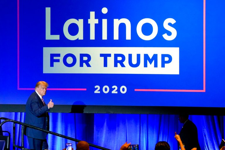 President Donald Trump gives a thumbs up to the cheering crowd after a Latinos for Trump Coalition roundtable in Phoenix.