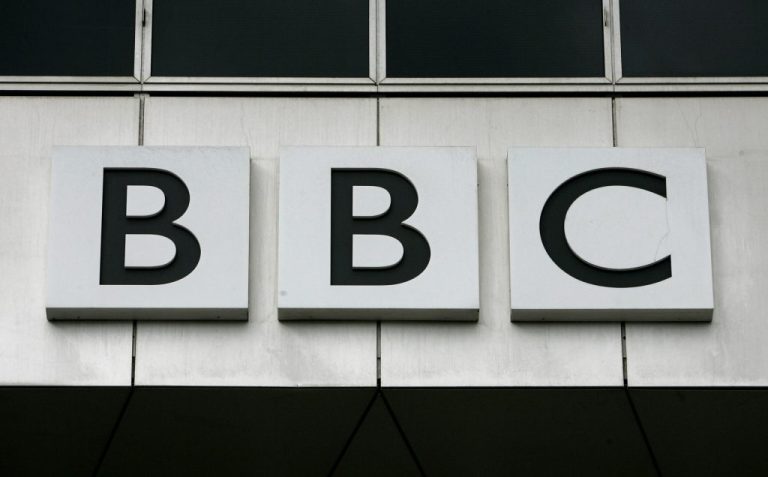 The British Broadcasting Corporation's sign on its offices at White City in London.