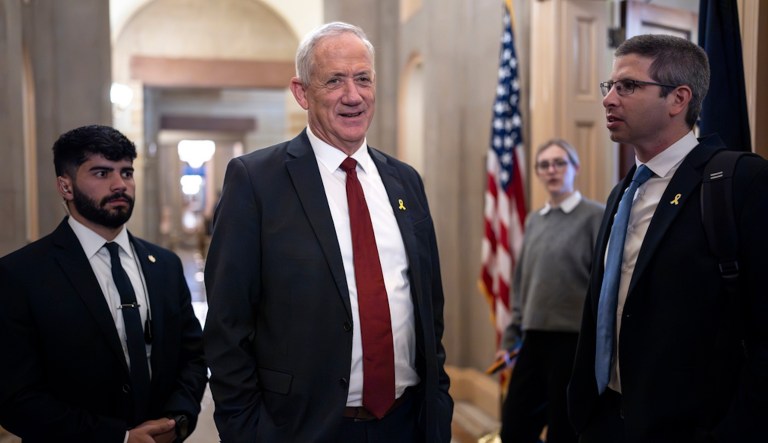 Benny Gantz, a key member of Israel's War Cabinet and the top political rival of Israeli Prime Minister Benjamin Netanyahu, leaves a meeting in the office of Senate Minority Leader Mitch McConnell, R-Ky., at the Capitol in Washington, Monday, March 4, 2024. Gantz also met earlier with Vice President Kamala Harris and other top White House officials. (AP Photo/J. Scott Applewhite)