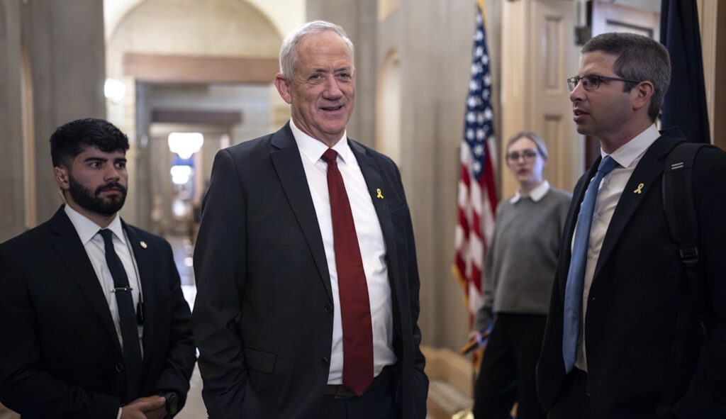 Benny Gantz, a key member of Israel's War Cabinet and the top political rival of Israeli Prime Minister Benjamin Netanyahu, leaves a meeting in the office of Senate Minority Leader Mitch McConnell (R-KY) at the Capitol in Washington, Monday, March 4, 2024. (AP Photo/J. Scott Applewhite)