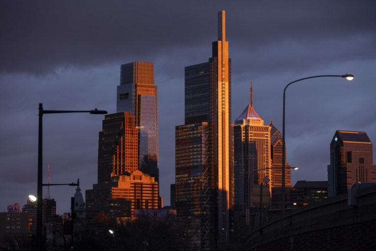 The sun illuminates the Philadelphia skyline as it sets in Philadelphia, Pa. on Thursday, March 7, 2024. (Monica Herndon/The Philadelphia Inquirer via AP)