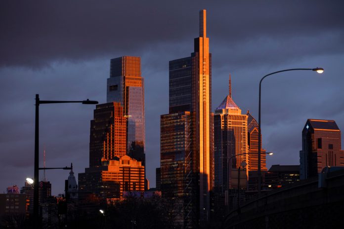 The sun illuminates the Philadelphia skyline as it sets in Philadelphia, Pa. on Thursday, March 7, 2024. (Monica Herndon/The Philadelphia Inquirer via AP)