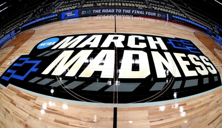 This is the NCAA March Madness logo at center court