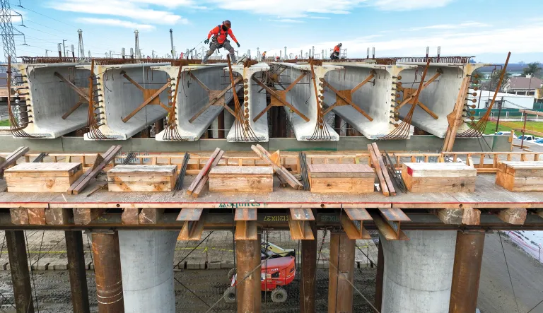 Work continues on the Hanford viaduct, part of California’s high-speed rail project, in Hanford, California, Jan. 29.