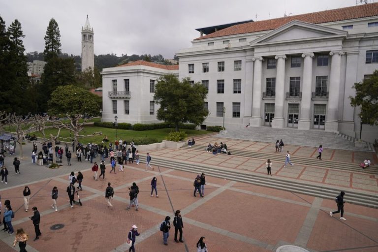Students walk through Sproul Plaza on the University of California, Berkeley campus.