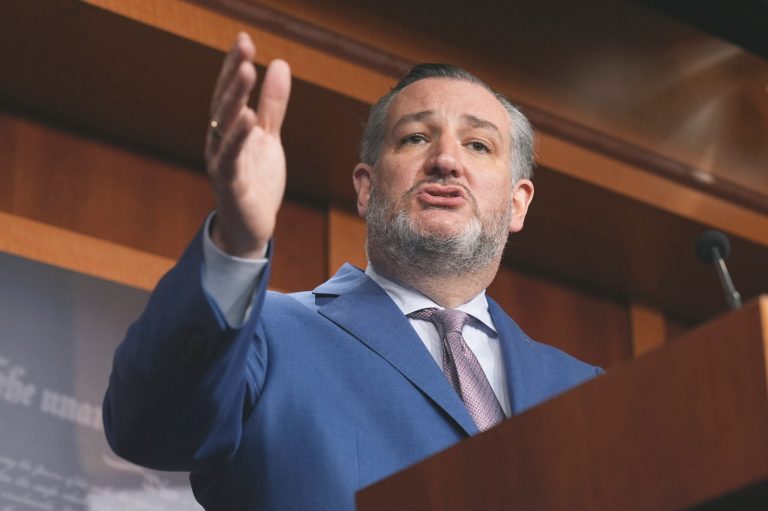 Sen. Ted Cruz (R-TX) with several of his Senate colleagues discuss during a news conference how the Biden administration's upcoming sanctions on America's ability to produce oil and critical minerals weaken America's energy security and embolden enemies on Capitol Hill Thursday, April 18, 2024, in Washington.