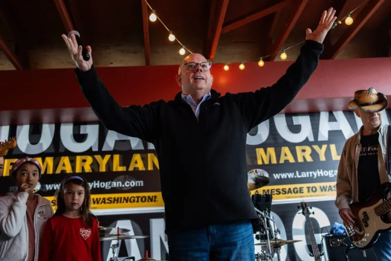 Maryland Republican Senate candidate Larry Hogan addresses supporters during a campaign fundraiser on Saturday, May 4, 2024, in Davidsonville, Maryland
