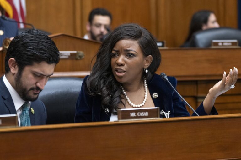 Rep. Jasmine Crockett (D-TX) reacts to a Republican talking point during a House Oversight Committee impeachment inquiry into former President Joe Biden, Thursday, Sept. 28, 2023, on Capitol Hill in Washington.