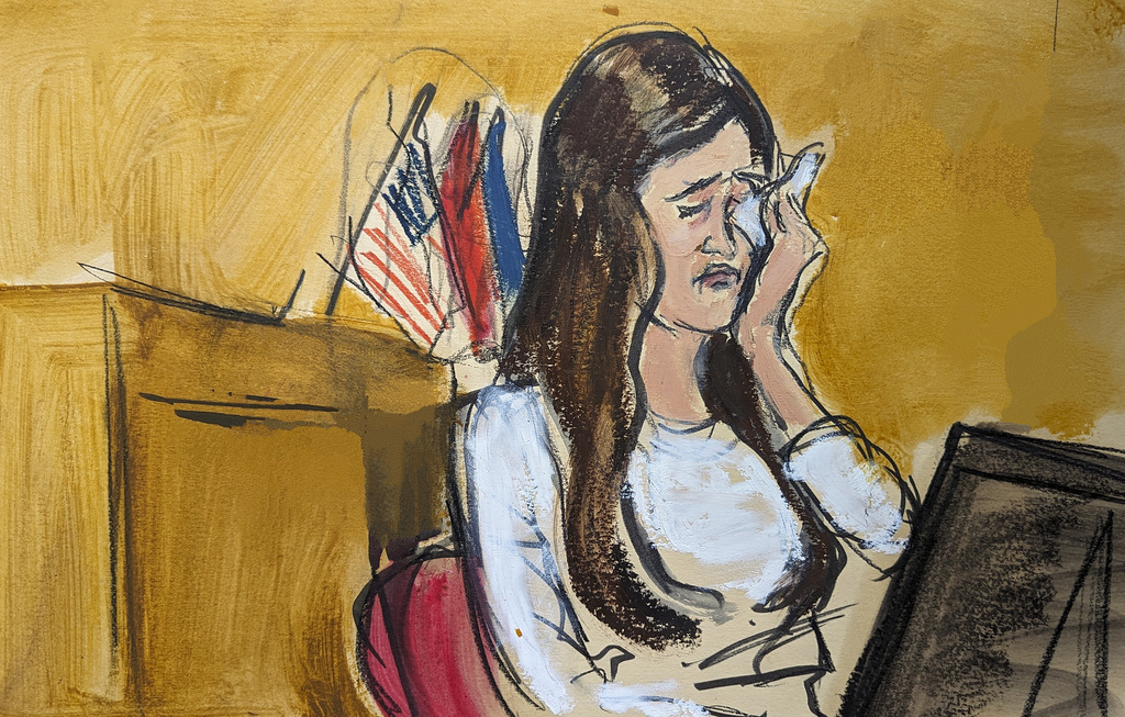 Former White House assistant to then-President Donald Trump, Madeleine Westerhout weeps on the stand describing how she lost her White House job in Manhattan criminal court, Thursday, May 9, 2024, in New York. (Elizabeth Williams via AP)