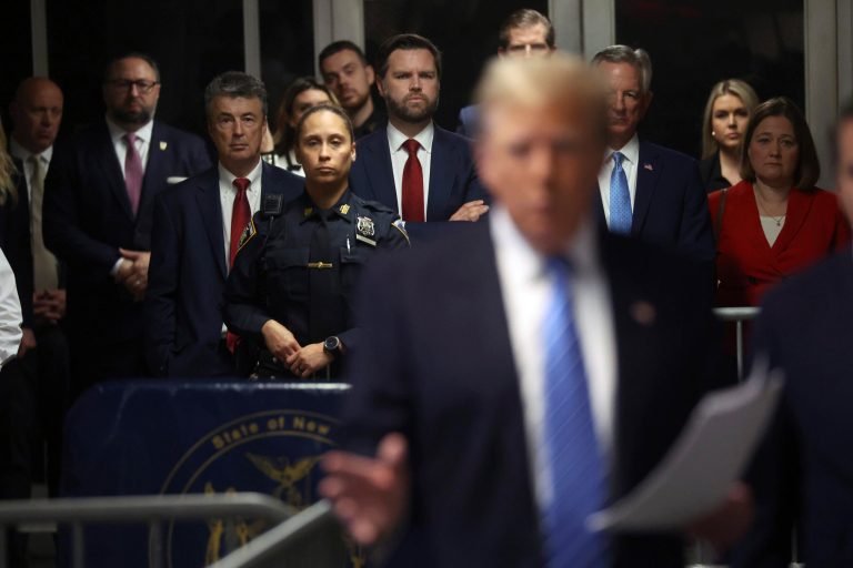 Trump allies Vance and Tuberville appear behind former president at New York courthouse