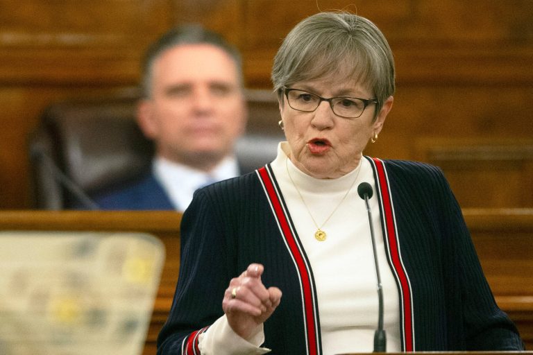 Kansas Gov. Laura Kelly talks about her top goals for the year during her State of the State address, Jan. 10, 2024, at the Statehouse in Topeka, Kan. Kelly vetoed a measure Wednesday, May 15, that could have earmarked up to $5 million for gun-detection systems in schools while expressing concern that it could have benefitted only one particular company.