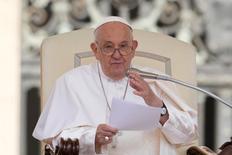 Pope Francis holds his weekly general audience in St. Peter's Square at the Vatican, Wednesday, May 22, 2024.