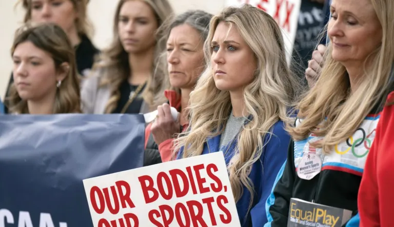 The Biden administration’s last-minute push will make it much more difficult for any incoming administration to overturn rules such as those mandating the inclusion of men in women’s sports. Above, former college swimmer Riley Gaines, second from right, joins a protest against such a requirement in San Antonio, Jan. 12, 2023. (Darren Abate / AP)