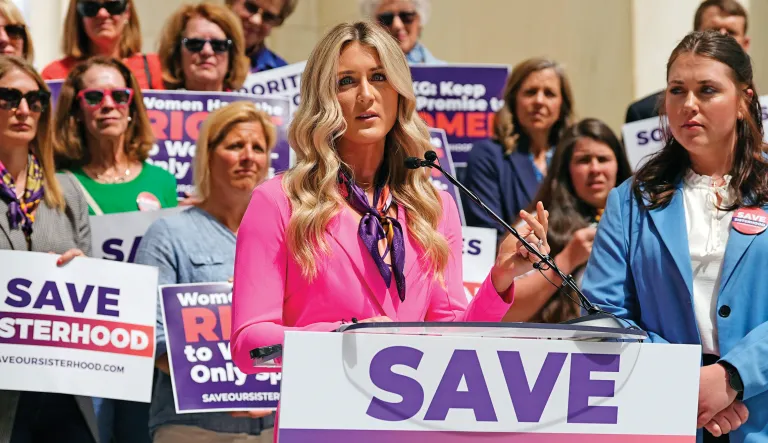 Above, Riley Gaines, a former college athlete and advocate for women’s sports and privacy, speaks outside a federal court building in Denver, May 14, 2024.