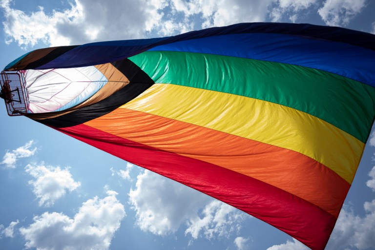 A Pride flag flies over the Franklin Pride festival, Saturday, June 3, 2023, in Franklin, Tennessee.