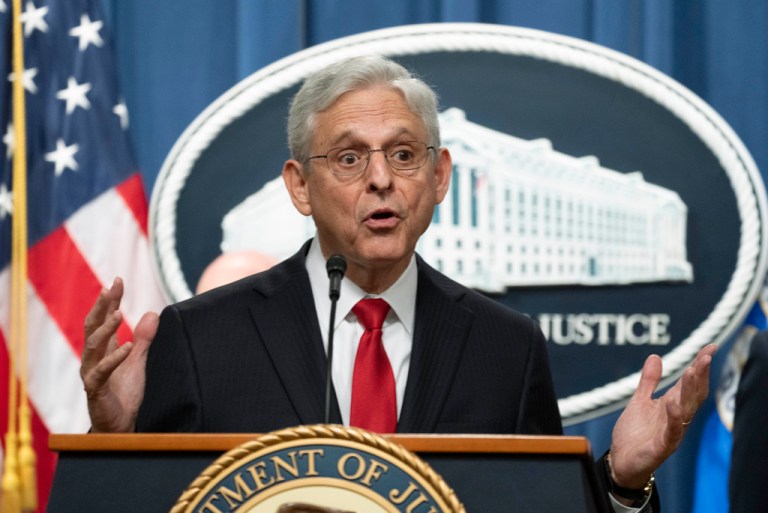 Attorney General Merrick Garland, speaks during a news conference at the Department of Justice, announcing the disruptions of the fentanyl precursor chemical supply chain, Tuesday, Oct. 3, 2023, in Washington. The US is announcing a series of indictments and sanctions against 14 people and 14 firms across China and Canada related to the import of fentanyl into the United States. It's one of the biggest actions the Biden administration has taken against the trafficking of the deadly drug. (AP Photo/Manuel Balce Ceneta)