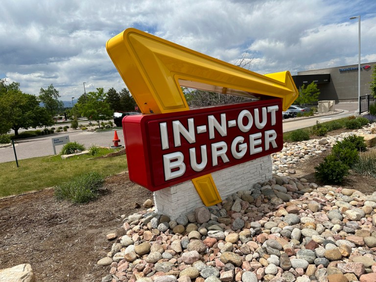 Sign stands out an In-N-Out burger restaurant Sunday, June 2, 2024, in Lone Tree, Colo.