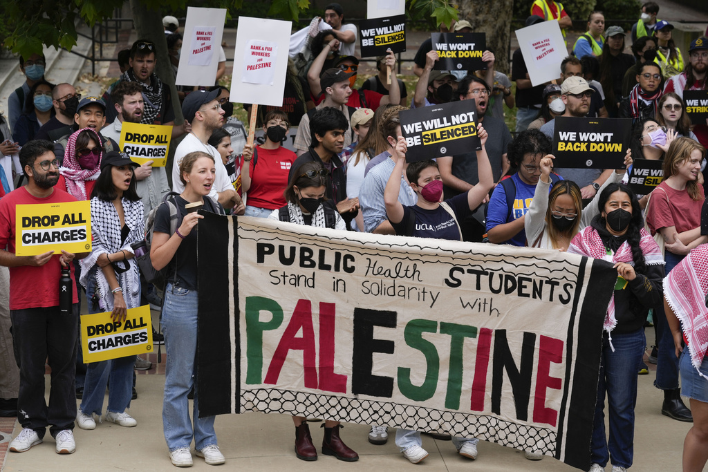 Demonstrators gather on the UCLA campus Wednesday, June 12, 2024, in Los Angeles. The president of the University of Miami has been chosen to become the next chancellor of the University of California, Los Angeles, where the retiring incumbent is leaving a campus roiled by protests against Israel's war in Gaza.