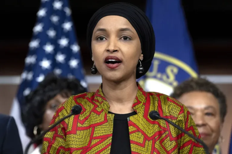 Rep. Ilhan Omar, D-Minn., speaks during a news conference by the Congressional Progressive Caucus on the threat of default in May 2023.